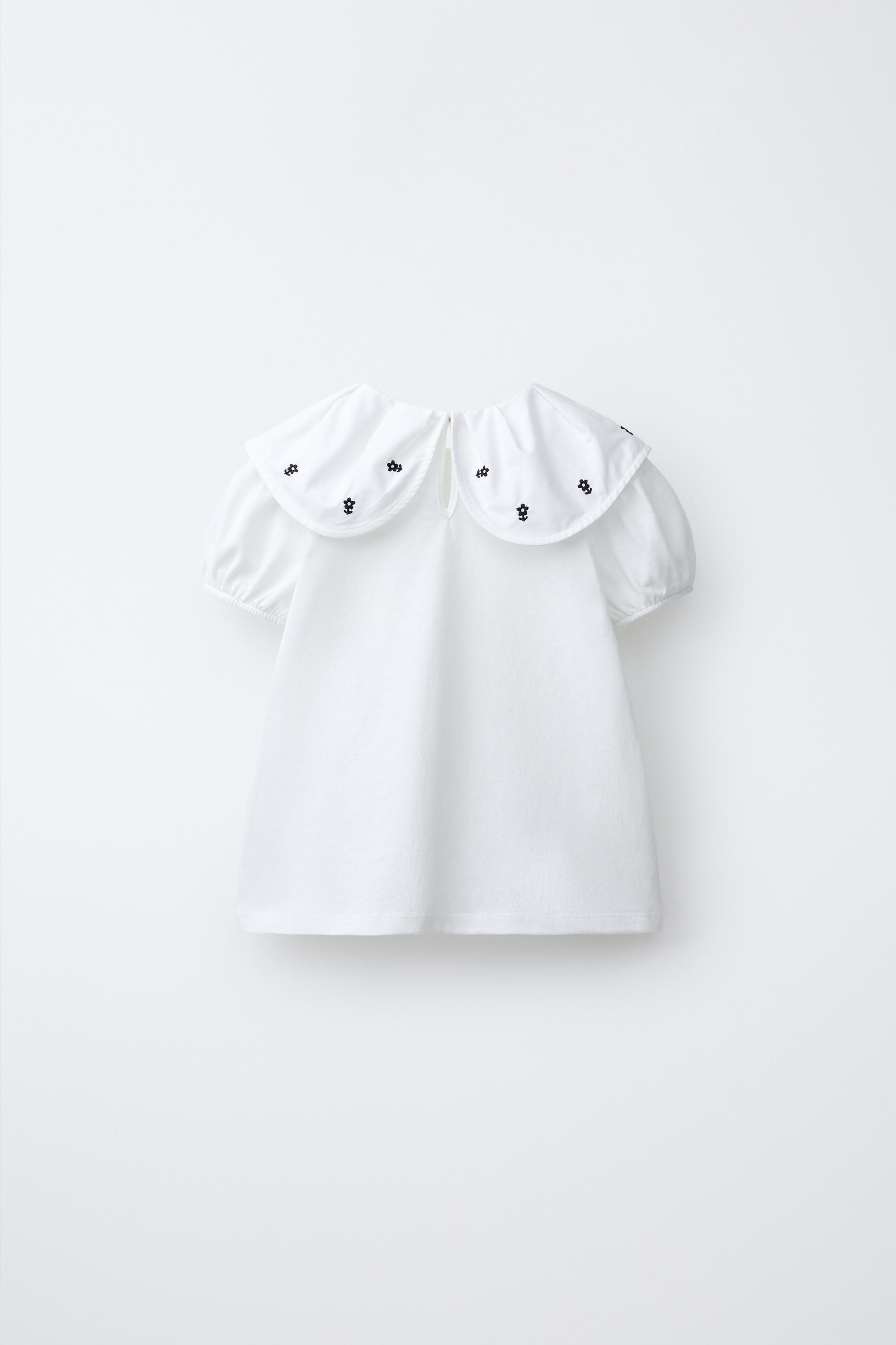 EMBROIDERED FLORAL PETER PAN COLLAR T-SHIRT